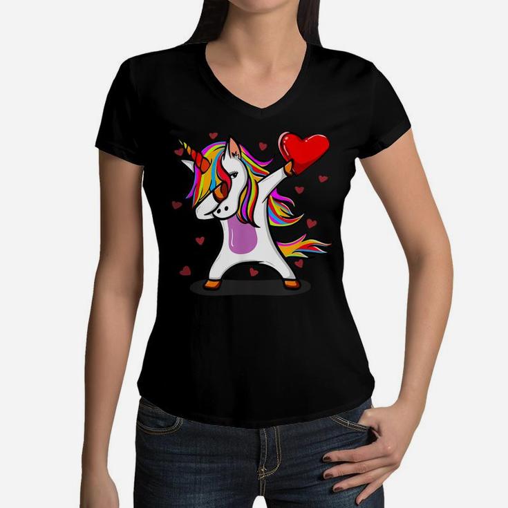 Funny Dabbing Unicorn Heart Valentine's Day Gift Boys Girls Women V-Neck T-Shirt