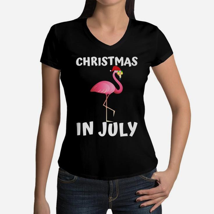 Funny Flamingo Christmas In July Shirt For Women Men Kids Women V-Neck T-Shirt