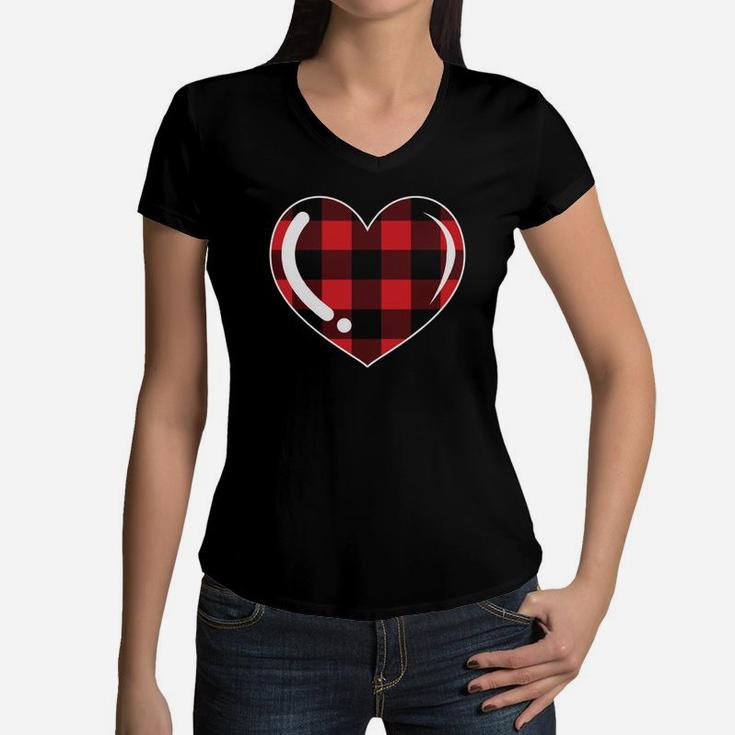 Funny Gift Heart Stripe Valentine Gift Happy Valentines Day Women V-Neck T-Shirt