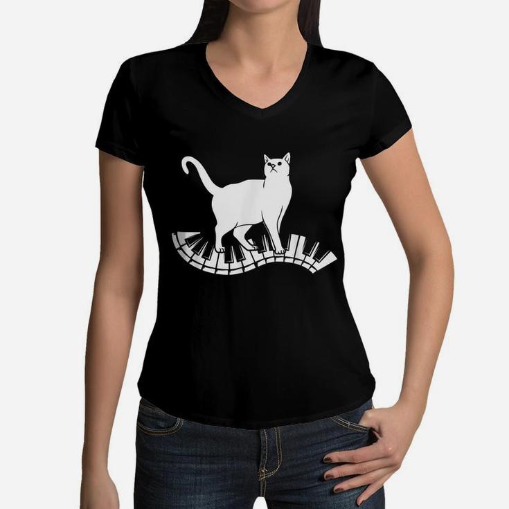 Funny Piano Music Cat Design Men Women Kids Cat Piano Lovers Women V-Neck T-Shirt