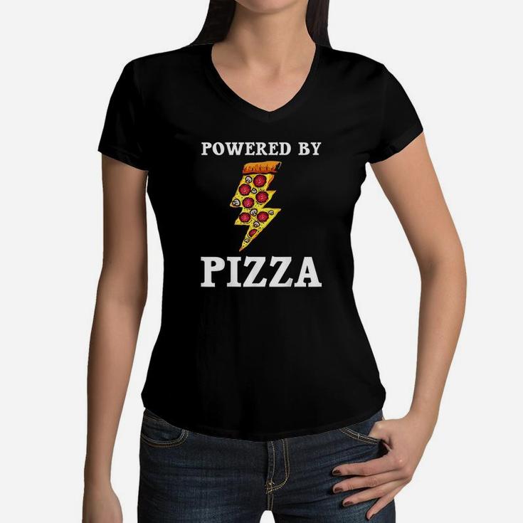 Funny Powered By Pizza Gift Kids Men Women Cool Pizza Lover Women V-Neck T-Shirt