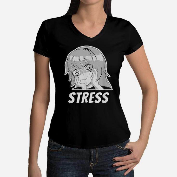 Funny Stress And Anxious Expression Face Girl Manga Meme Women V-Neck T-Shirt