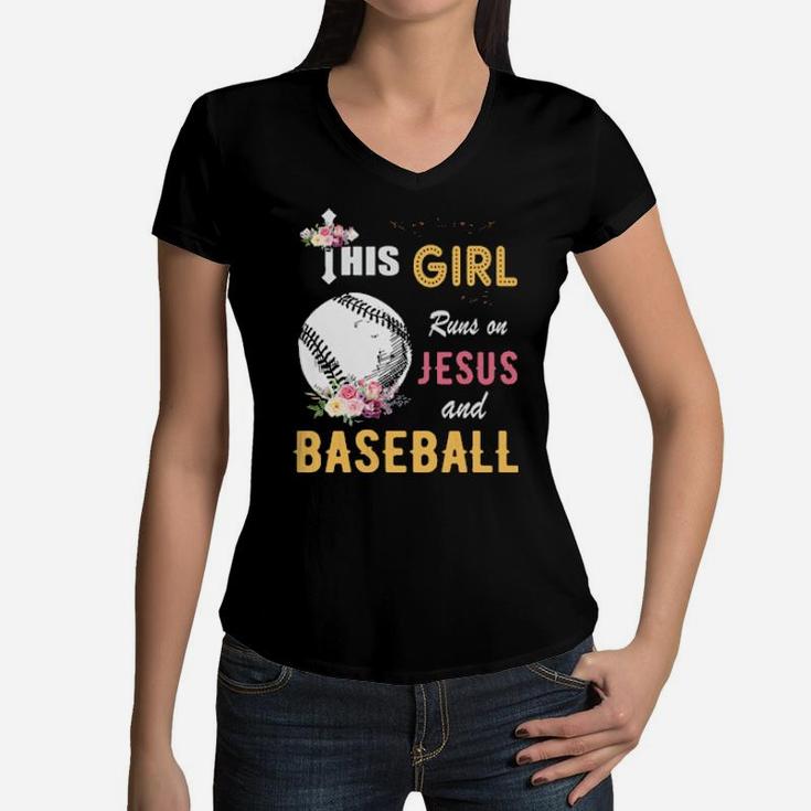 Funny Watercolor Girl Run On Jesus And Baseball Women V-Neck T-Shirt