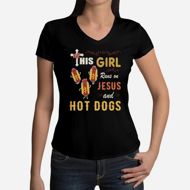 Funny Watercolor Girl Run On Jesus And Hot Dogs Women V-Neck T-Shirt