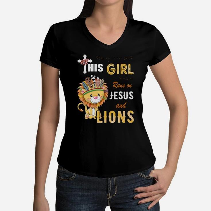 Funny Watercolor Girl Run On Jesus And Lions Women V-Neck T-Shirt