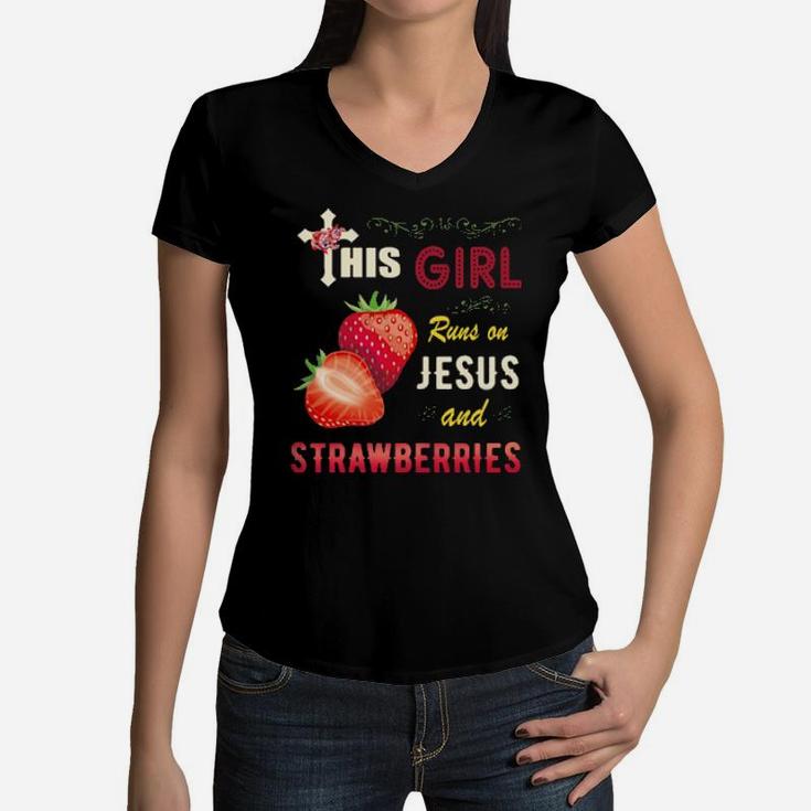 Funny Watercolor Girl Run On Jesus And Strawberries Women V-Neck T-Shirt