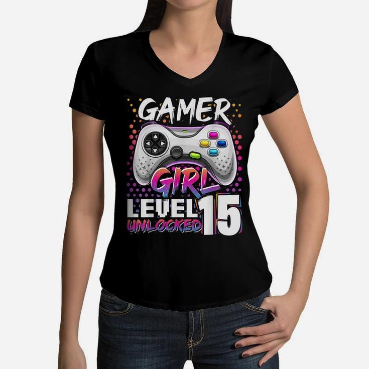 Gamer Girl Level 15 Unlocked Video Game 15Th Birthday Gift Women V-Neck T-Shirt