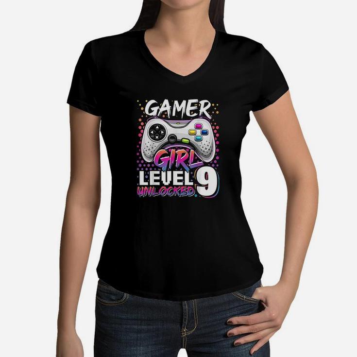 Gamer Girl Level 9 Unlocked Video Game 9Th Birthday Gift Women V-Neck T-Shirt