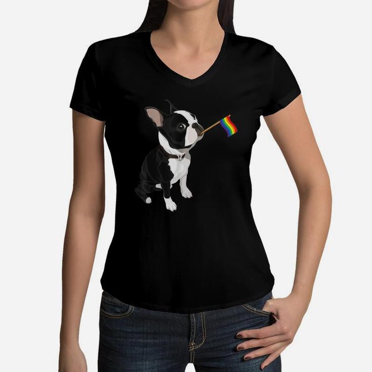 Gay Pride Flag Boston Terrier Dog LGBT Flag Pride Women V-Neck T-Shirt