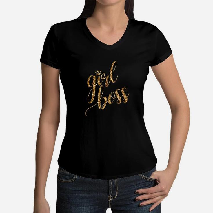 Girl Boss With Gold Glitter Style Print And Crown Women V-Neck T-Shirt