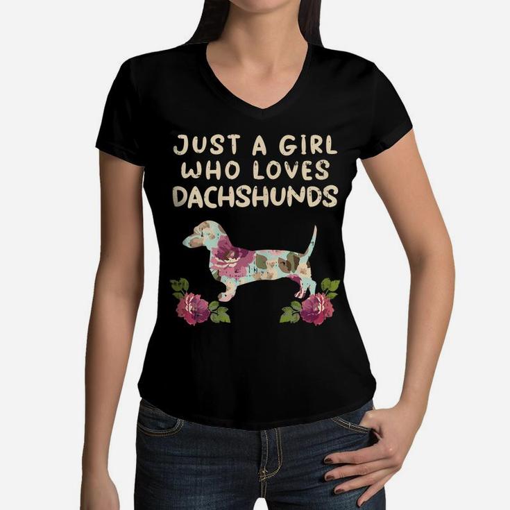 Girl Loves Dachshunds Flower Weiner Sausage Dog Animal Gift Women V-Neck T-Shirt