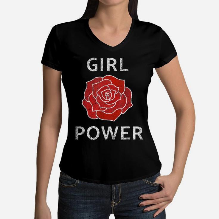 Girl Power Female Cute Rose Flower Feminist Female Equality Women V-Neck T-Shirt