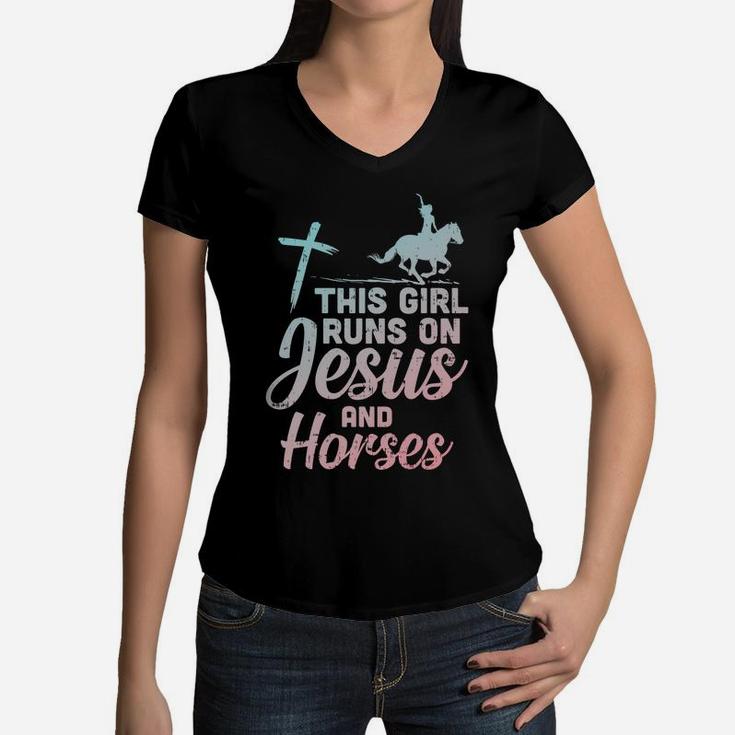 Girl Runs Jesus Horses Christian Horseback Equestrian Gift Women V-Neck T-Shirt