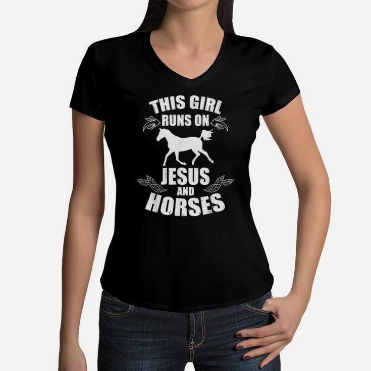 Girl Runs On Jesus And Horses Women V-Neck T-Shirt