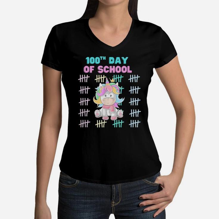 Girls Unicorn Happy 100Th Day Of School Students Teachers Women V-Neck T-Shirt