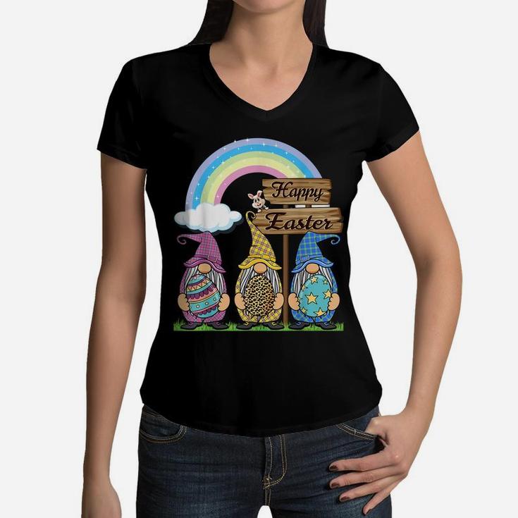 Gnome Easter Shirt Women Leopard Print Easter Egg Teen Girls Women V-Neck T-Shirt