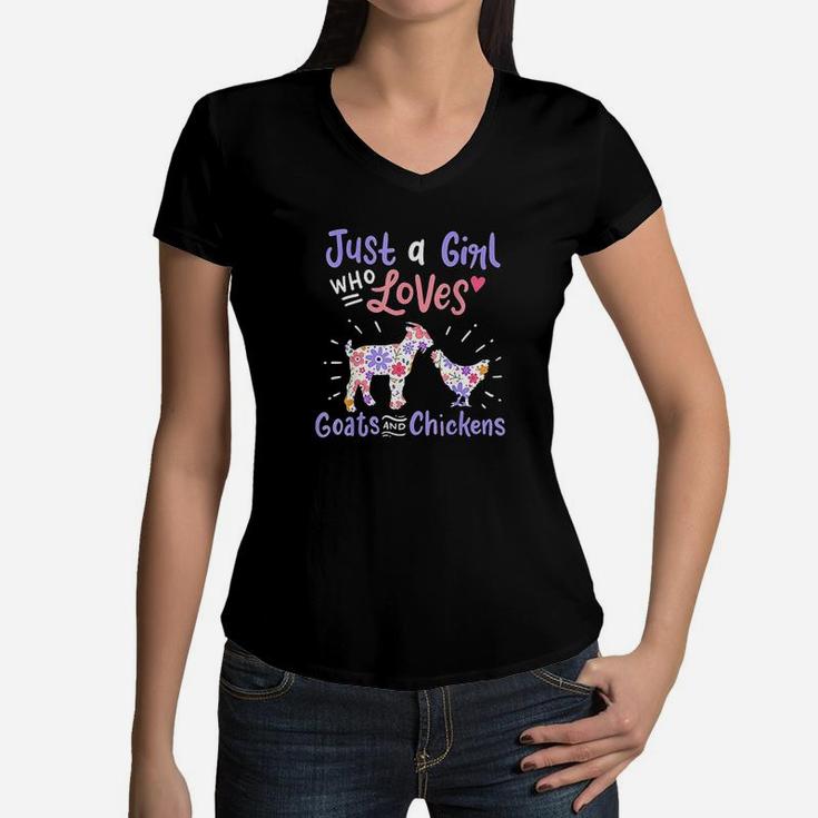Goat Chicken Just A Girl Who Loves Goats And Chickens Gift Women V-Neck T-Shirt