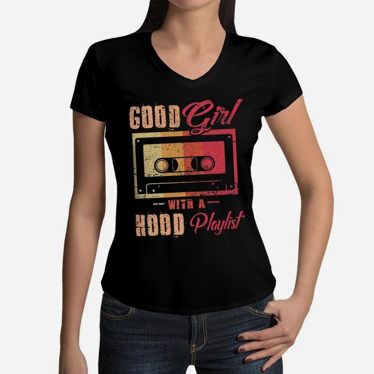 Good Girl With A Hood Playlist Funny Cassette Tape Women V-Neck T-Shirt