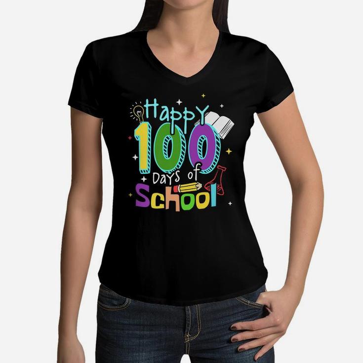 Happy 100 Days Of School Learning 100Th Day Smarter Kids Women V-Neck T-Shirt