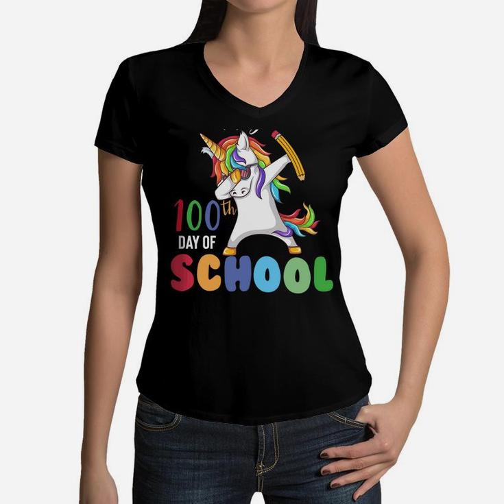 Happy 100 Days Of School Unicorn Dabbing 100Th Day Girls Kid Sweatshirt Women V-Neck T-Shirt