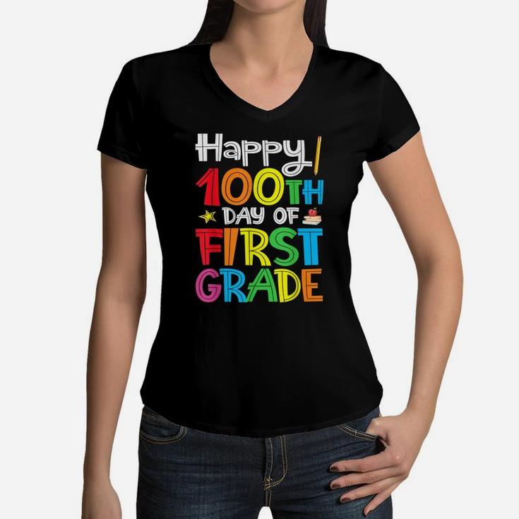 Happy 100Th Day Of First Grade For Boys Girls Students Women V-Neck T-Shirt