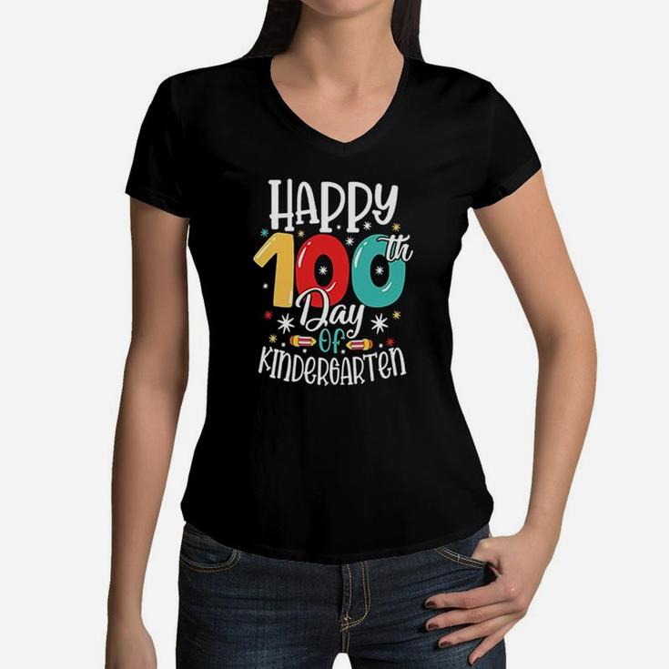 Happy 100th Day Of Kindergarten Colorful Gift For Kids Women V-Neck T-Shirt