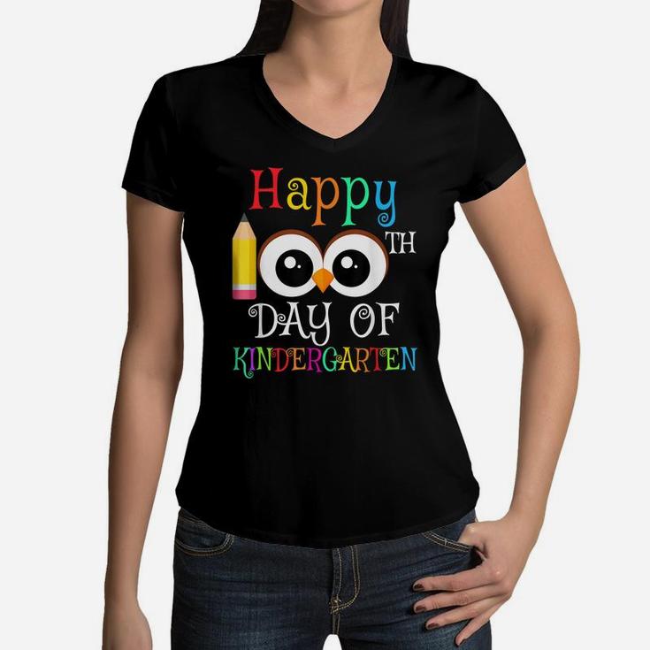 Happy 100Th Day Of Kindergarten Owl Gift Teacher Student Kid Women V-Neck T-Shirt