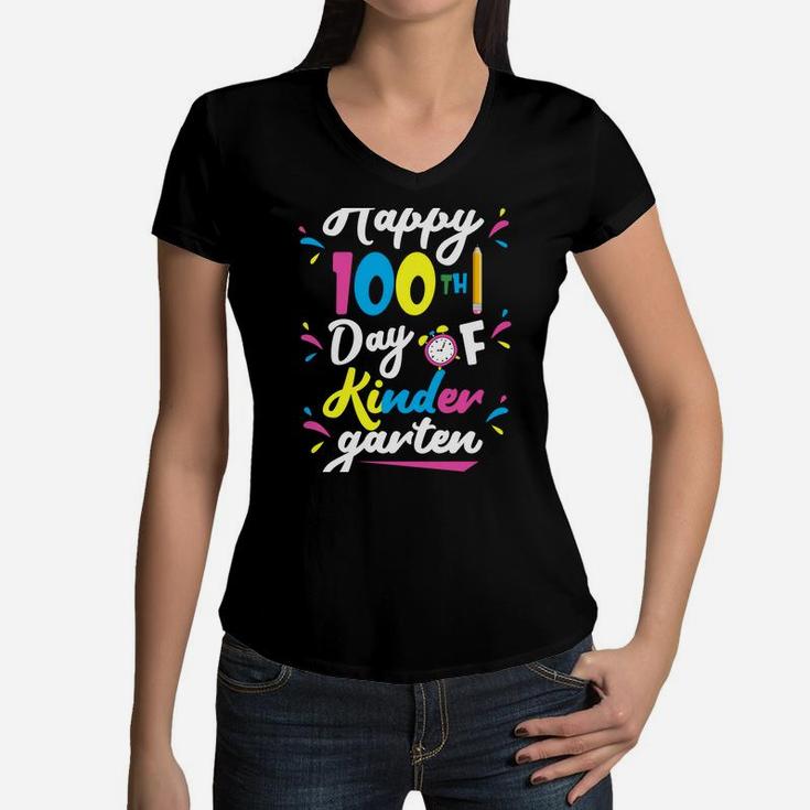 Happy 100Th Day Of Kindergarten Teacher & Student Kids Gift Women V-Neck T-Shirt