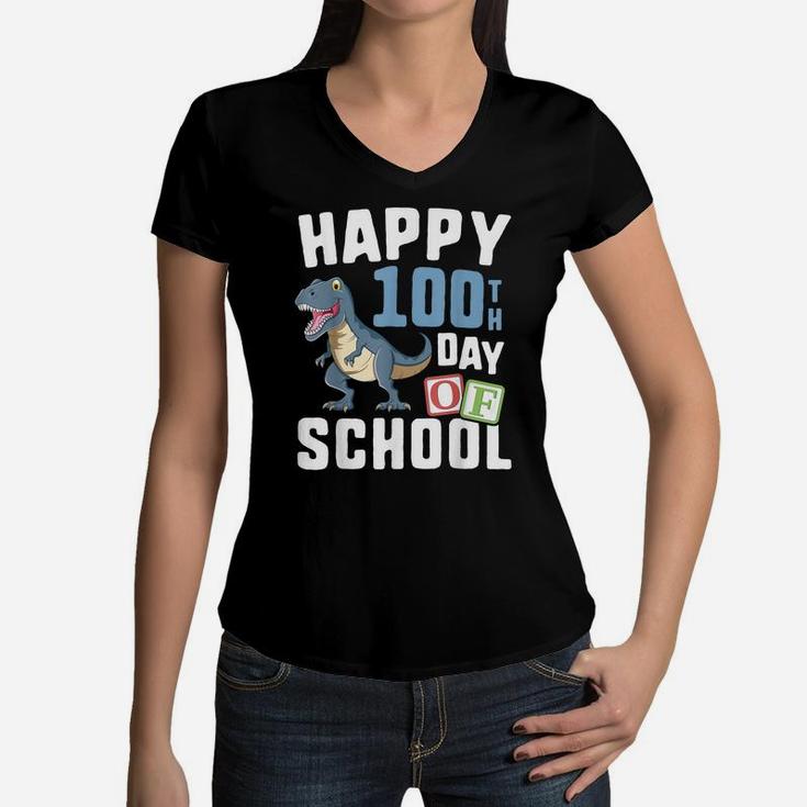 Happy 100Th Day Of School  Boys T Rex Dinosaur Party Women V-Neck T-Shirt