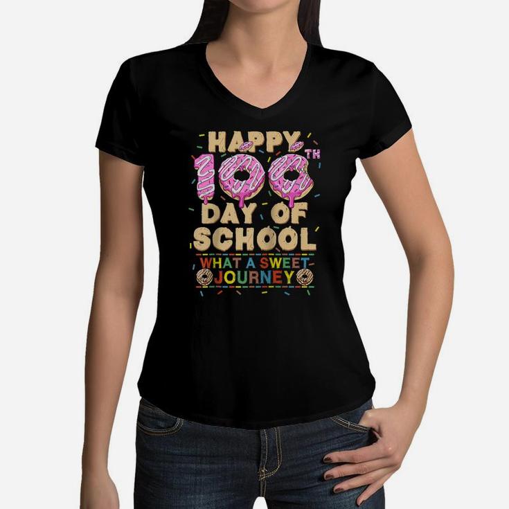 Happy 100Th Day Of School Donut Lovers Student Boy Girl Gift Raglan Baseball Tee Women V-Neck T-Shirt