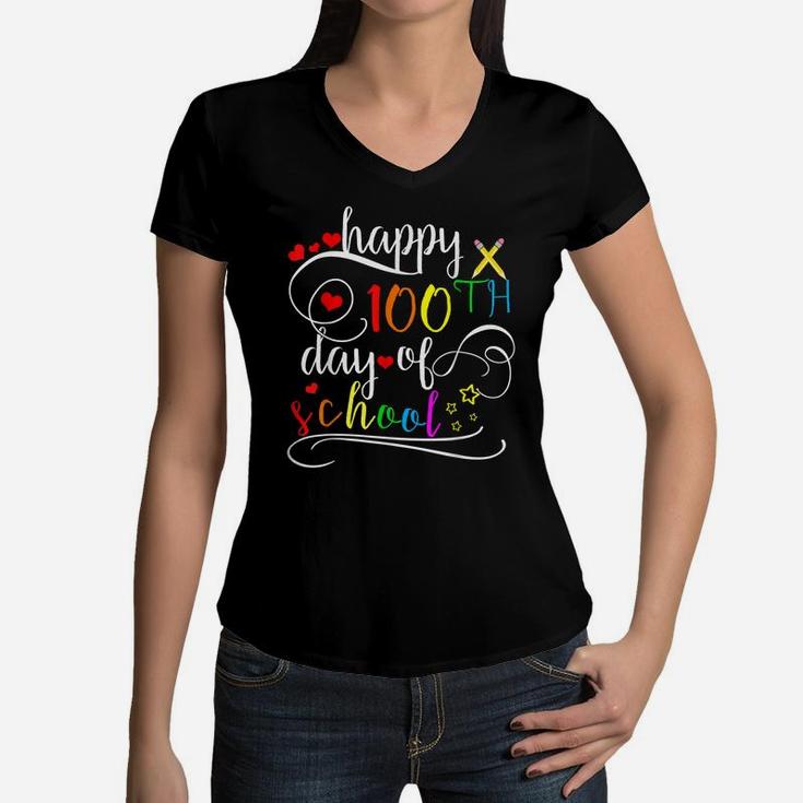 Happy 100Th Day Of School Gift Teacher Student Kids Women V-Neck T-Shirt