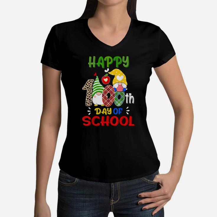 Happy 100Th Day Of School Gnomes For Virtual Teachers Kids Women V-Neck T-Shirt
