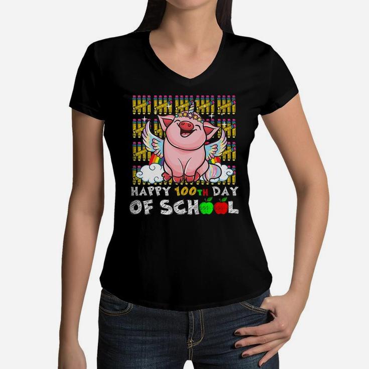 Happy 100Th Day Of School Pig Funny Teacher Student Kids Women V-Neck T-Shirt