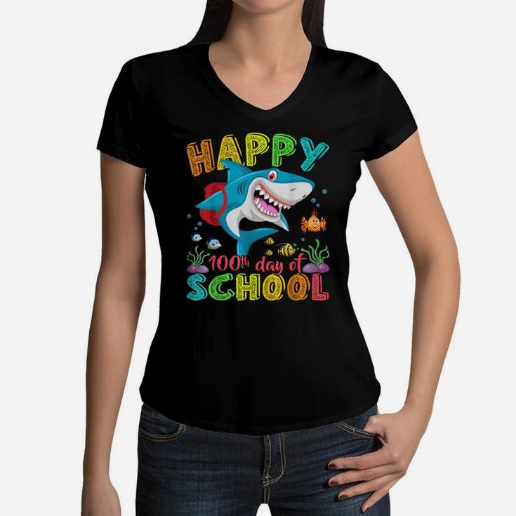 Happy 100Th Day Of School Shark Gift Funny Teacher Boys Kids Women V-Neck T-Shirt