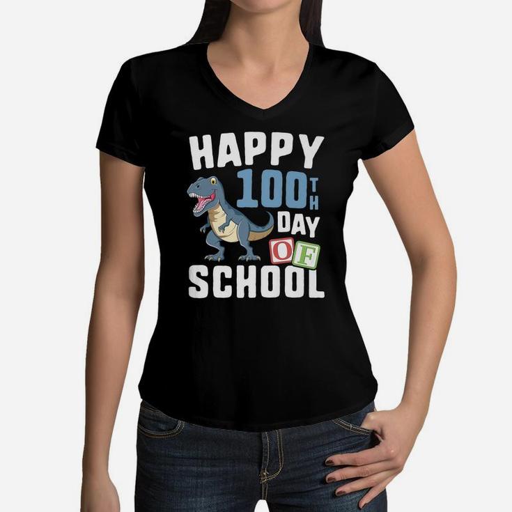 Happy 100Th Day Of School Shirt Boys T Rex Dinosaur Party Women V-Neck T-Shirt