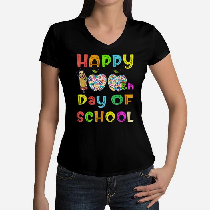 Happy 100Th Day Of School Teacher Or Student Kids Funny Gift Women V-Neck T-Shirt