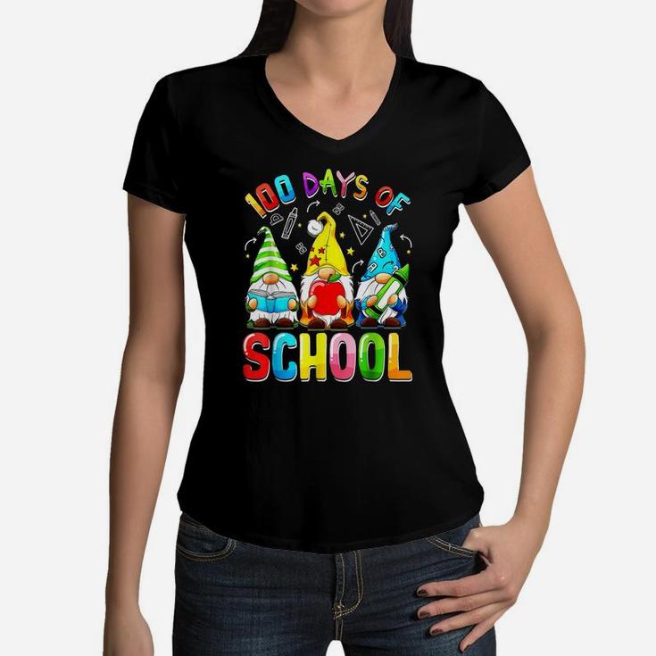 Happy 100Th Day Of School Three Gnomes Virtual Teachers Kids Women V-Neck T-Shirt
