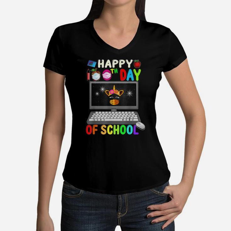 Happy 100Th Day Of School Virtual Teacher Unicorn Girls Women V-Neck T-Shirt