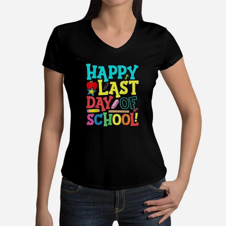 Happy Last Day Of School Teacher Boys Girls Kids Women V-Neck T-Shirt