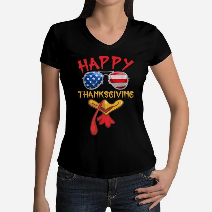Happy Thanksgiving Tee For Boys Girls Kids Cute Turkey Face Women V-Neck T-Shirt