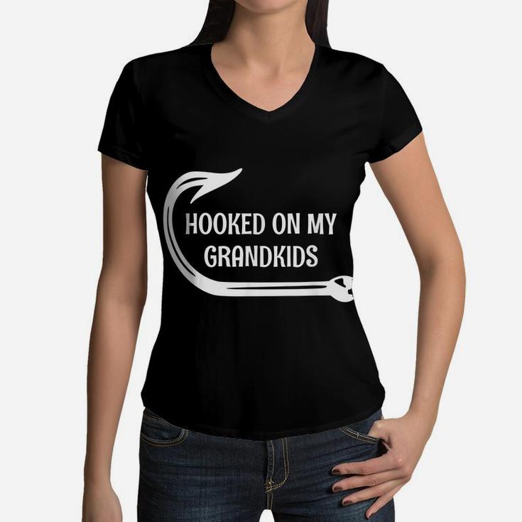 Hooked On My Grandkids, Fishing  For Grand Parents Women V-Neck T-Shirt