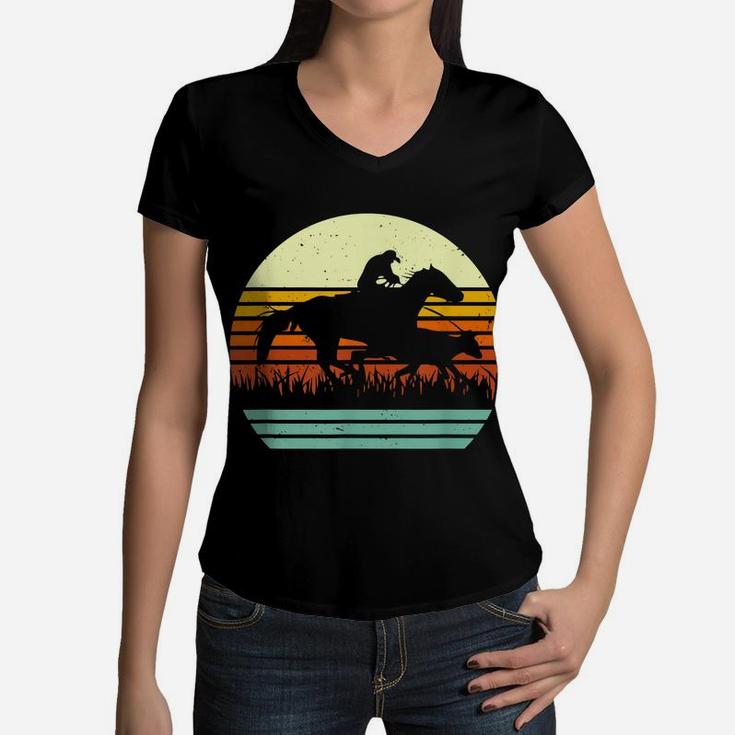 Horse And Cowboy Calf Roping Retro Sun Style Women V-Neck T-Shirt