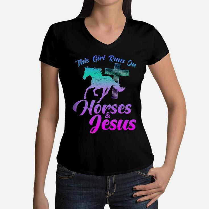 Horse Riding This Girl Runs On Horses & Jesus Christian Gift Women V-Neck T-Shirt
