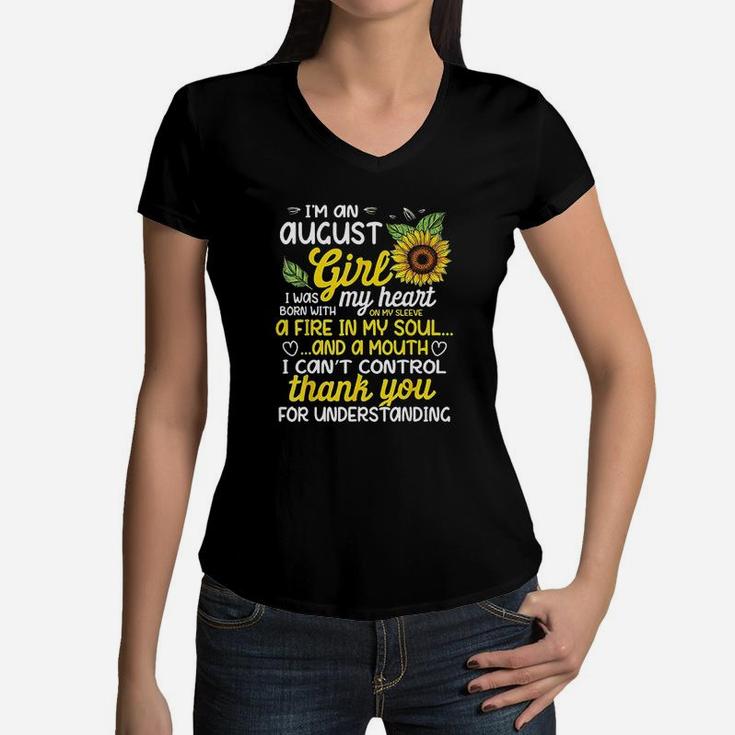 I Am An August Sunflower Girl Queen Born In August Women V-Neck T-Shirt