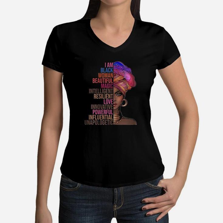 I Am Black Woman Beautiful Magic Powerful Black History Month Women V-Neck T-Shirt