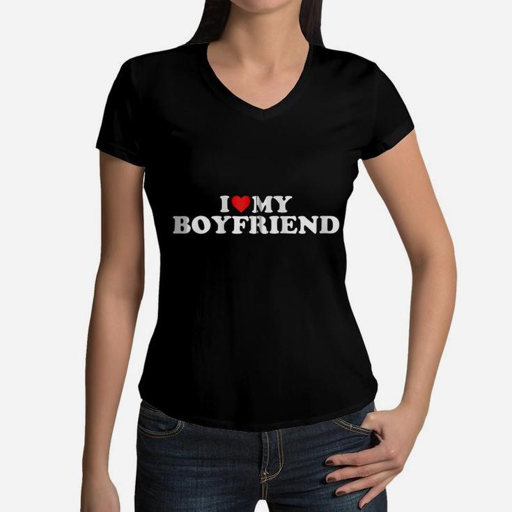 I Love My Boyfriend Bf - Red Heart Zip Hoodie Women V-Neck T-Shirt