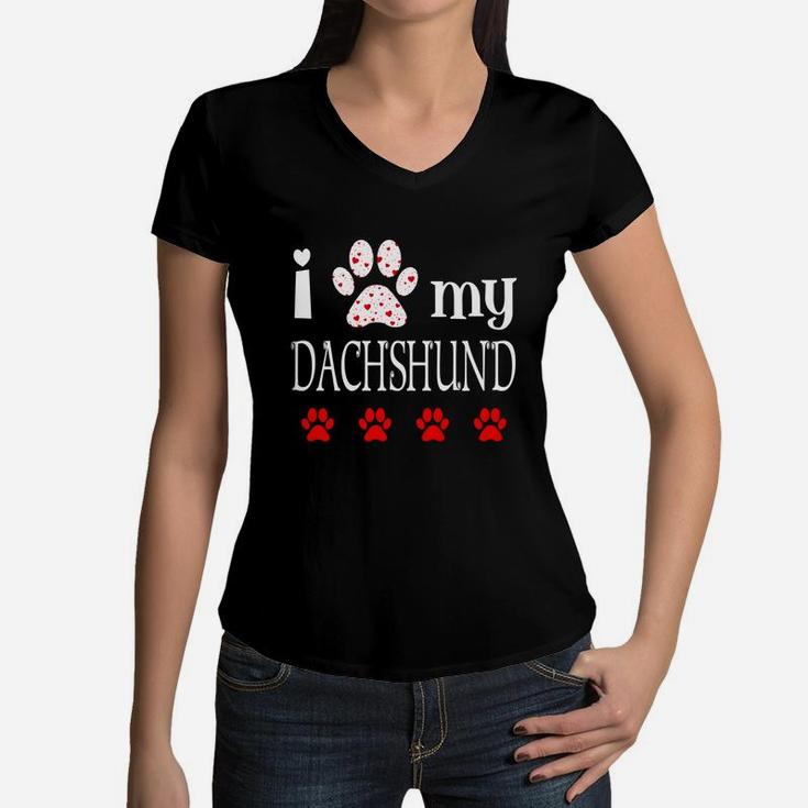 I Love My Dachshund Event Happy Valentines Day Paw Prints Women V-Neck T-Shirt