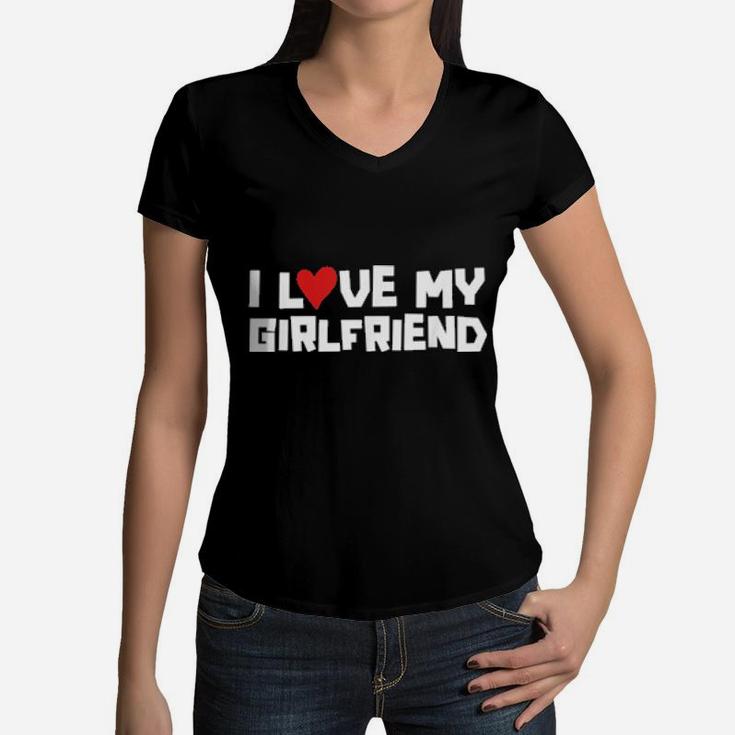 I Love My Girlfriend Heart Romantic Valentines Day Women V-Neck T-Shirt