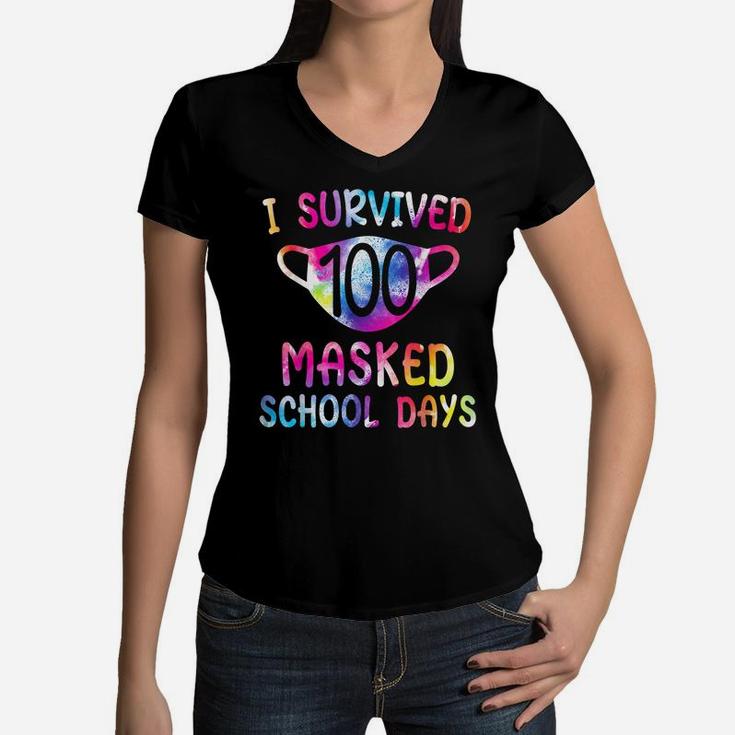 I Survived 100 Masked School Days For Kids Student Teacher Women V-Neck T-Shirt