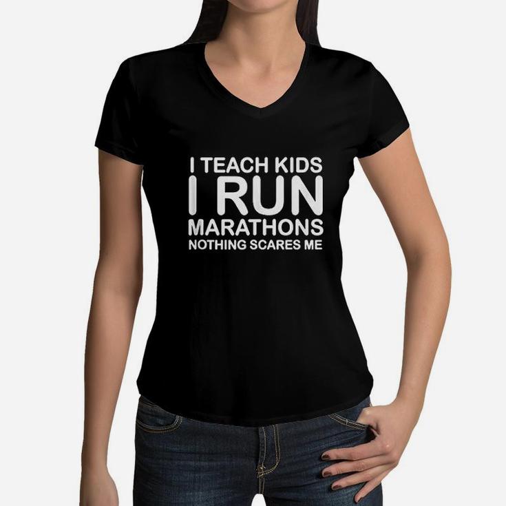 I Teach Kids I Run Marathons Running Ee Gift For Runner Women V-Neck T-Shirt